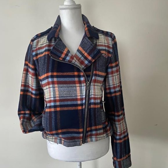 HOLLISTER Women M Moto Jacket Navy Wool Plaid Side Zip Fitted Lined Jacket - Picture 2 of 12